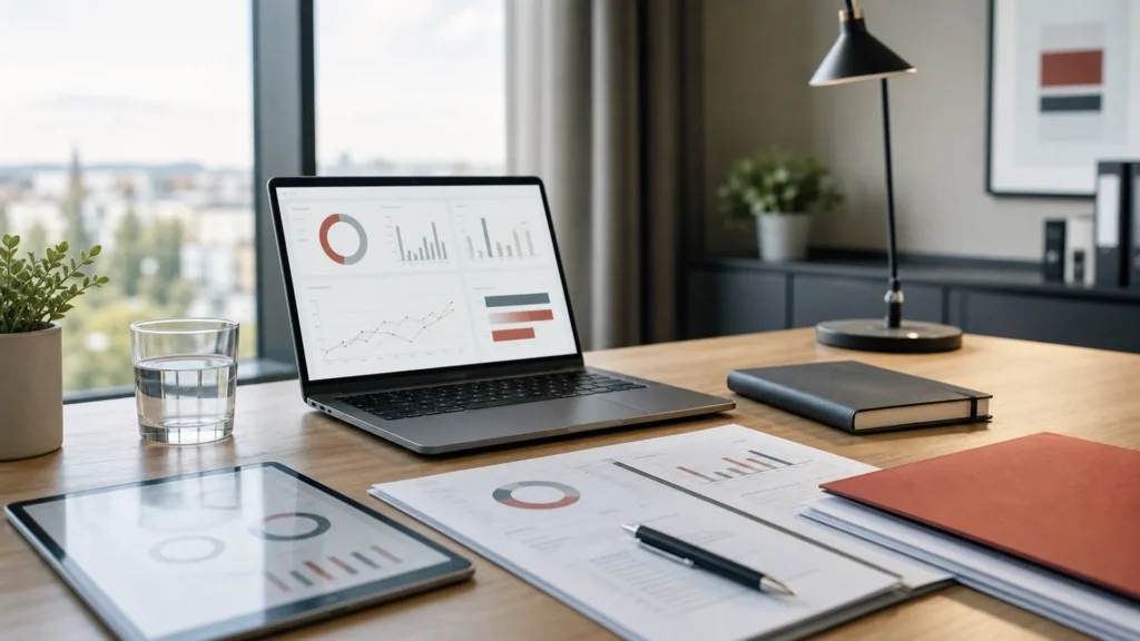 Laptop und Unterlagen mit Kennzahlen zur Analyse von Unternehmensprozessen