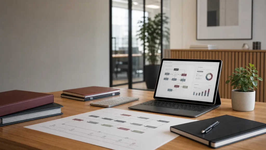 Laptop mit Prozessdiagramm und Kennzahlen zur Digitalisierung von Geschäftsprozessen